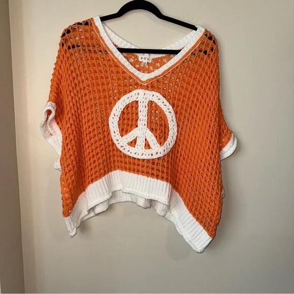 POL Dreamsicle Open Weave Crochet Peace Sign Sweater Size Small - Picture 4 of 14